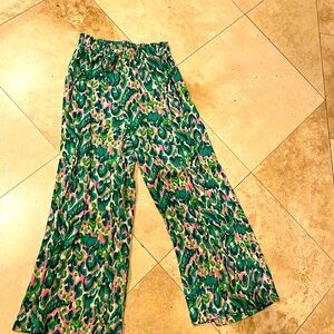Flowy green pant with pink and cream pattern and  elastic waist (Macys)